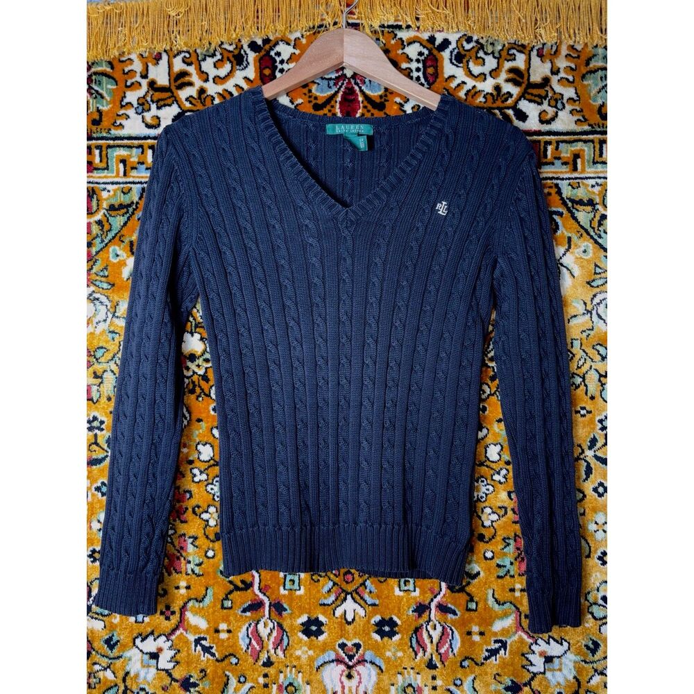 Lauren Ralph Lauren Preppy Minimalist Black Cable Knit Sweater 100% Cotton sz XS - Picture 2 of 9